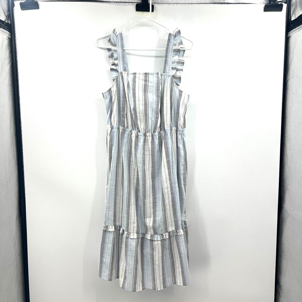 Madison Grey Striped Cotton Ruffle Strap Tiered Sundress Womens XL Blue Gray